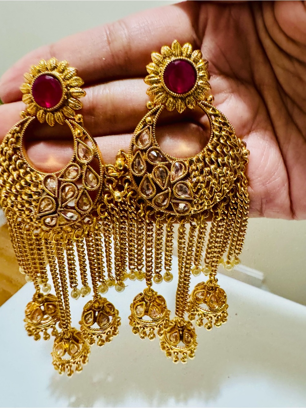 Gold-Tone red Stone Filigree Fringe Chandbali Earrings - Women Jewelry